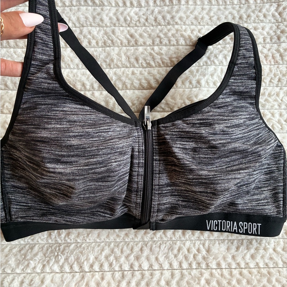 Victoria Sport Front-Zip Medium Support Sports Bra - Black Heather